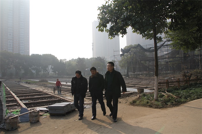舒局长查看水生植物展示区的建设